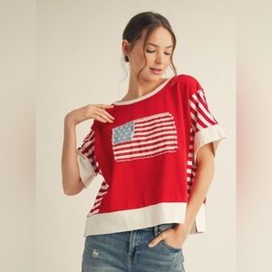 JODIFL American Flag, USA, 🇺🇸 Red and White Striped Top with flag (NEW!) NWT